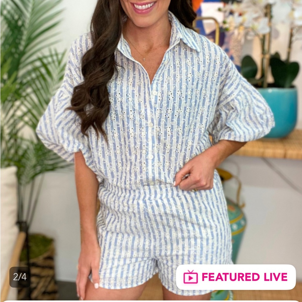 NWT Striped Blue and White Button-Up Shirt and Shorts Set